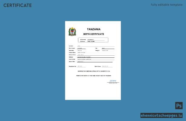 Tansanische Geburtsurkunde – Beispielansicht (Word und PDF)